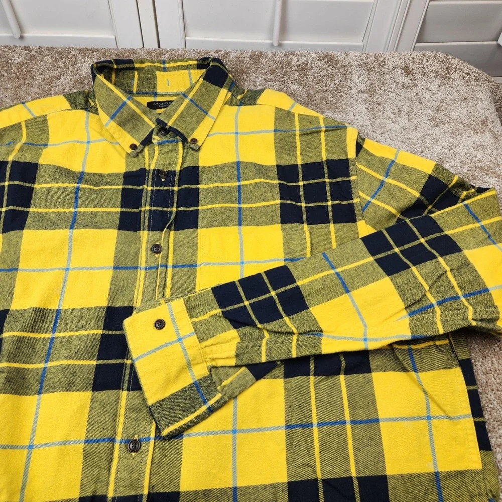 Banana Republic Mens XL Yellow Navy Plaid Flannel Organic Cotton Untucked Shirt